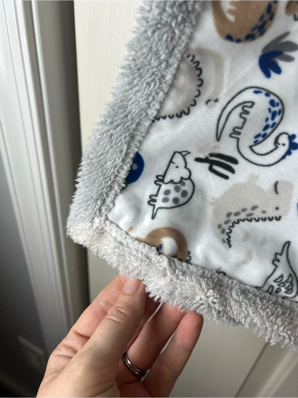 RUNT 1478 Dinosaur Baby Blanket Blue White Gray Sherpa Tan Dino Cactus Lovey